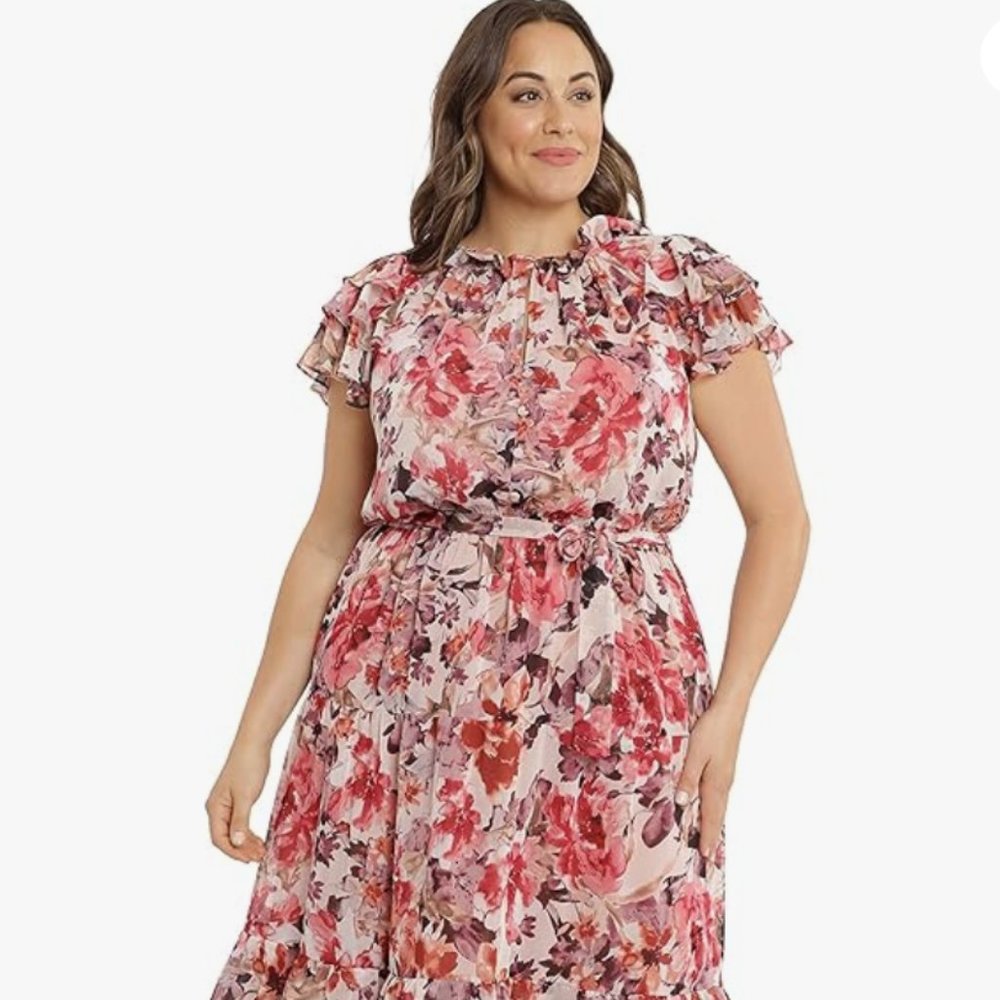 Maggy London Women's Layered Ruffle Raglan Sleeve Belted Maxi Dress, New w/oTags